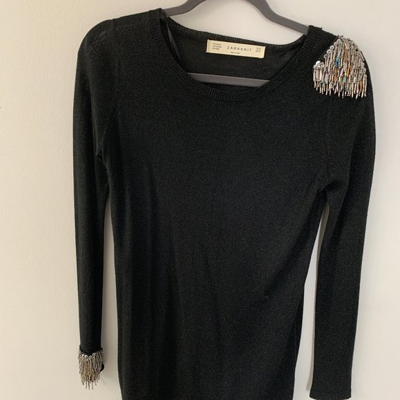 Zara Tops - ZARA LONG SLEEVE SWEATER WITH BEADED SHOULDER
